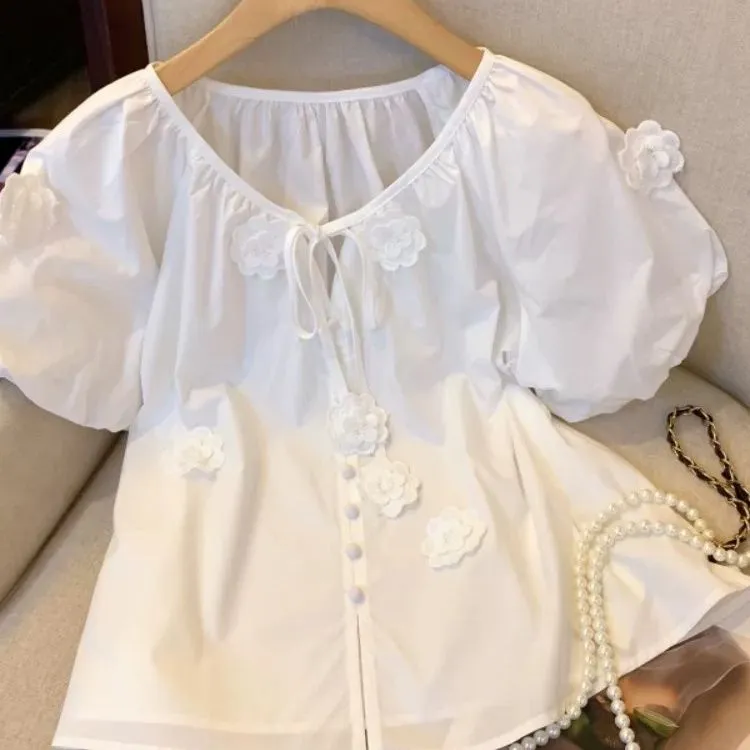 薄荷曼波绿色立体花朵V领系带衬衫女夏季小个子娃