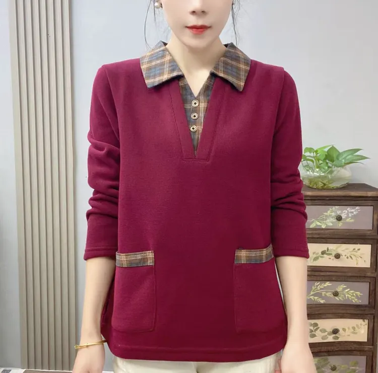 秋季加绒妈妈装纯色针织卫衣带口袋长袖中老年女装假两件大码60
