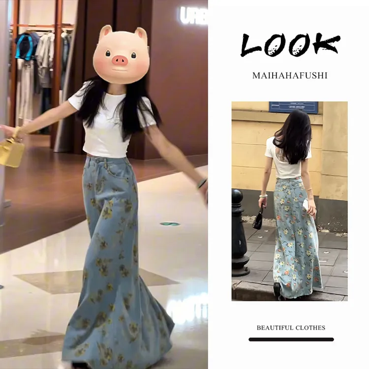 夏季一整套女装2025新款韩版白色圆领短袖T恤碎花牛仔半身裙套装