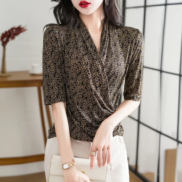 针织重磅真丝上衣女中袖春夏妈妈装时尚短袖桑蚕丝t恤印花衬衣