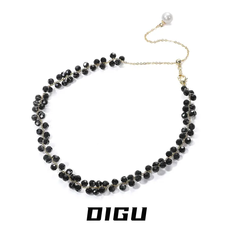 嘀咕家 合金亚克力项链 黑色串珠编织颈链法式项链小众配饰