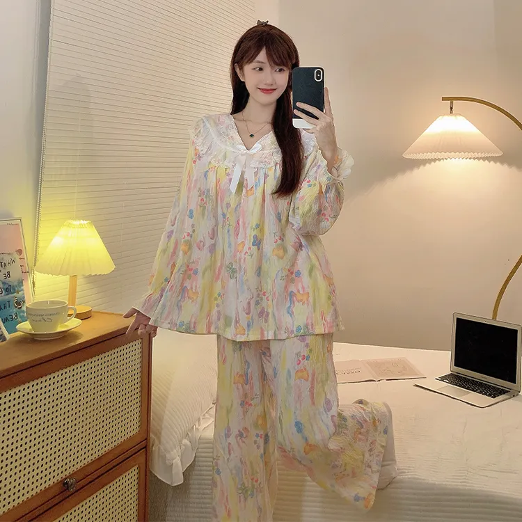 炸姐大码睡衣女秋季2025新款彩色晕染长袖套装休闲可外穿家居服