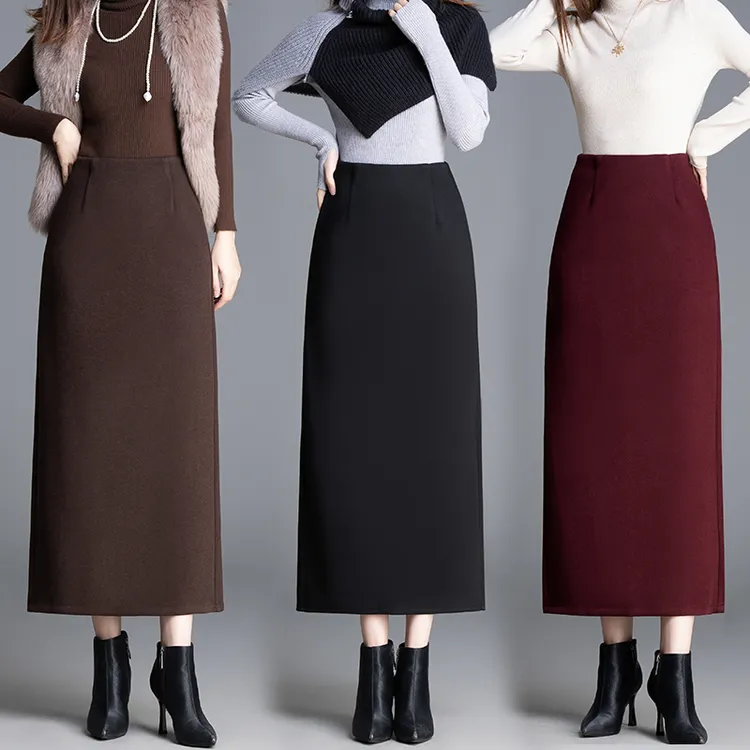 【醋酸+羊毛】毛呢秋冬季新款黑色一步裙半身裙直筒开叉中长裙女