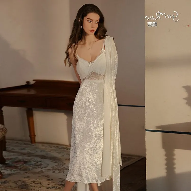 流行瑰若性感女睡衣深V加胸垫保暖丝绒睡裙连帽外袍家居服套装47