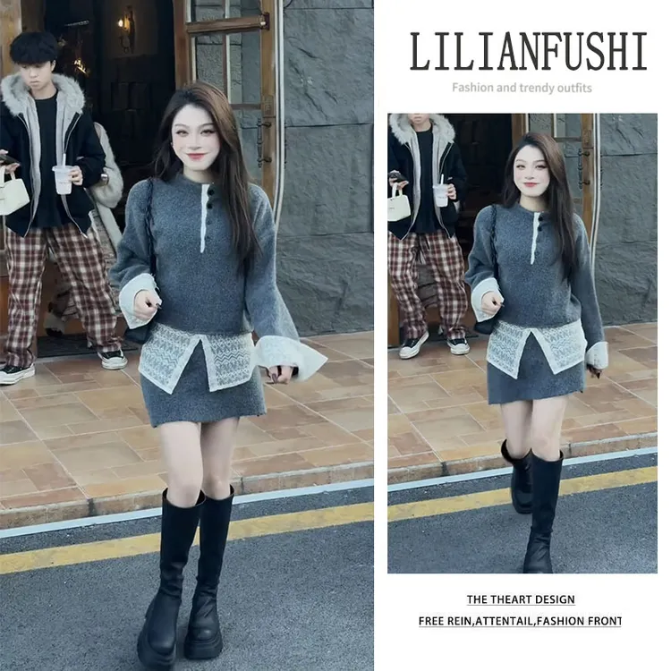 今年流行穿搭一整套2025新款设计感宽松长袖上衣显瘦短裙两件套女