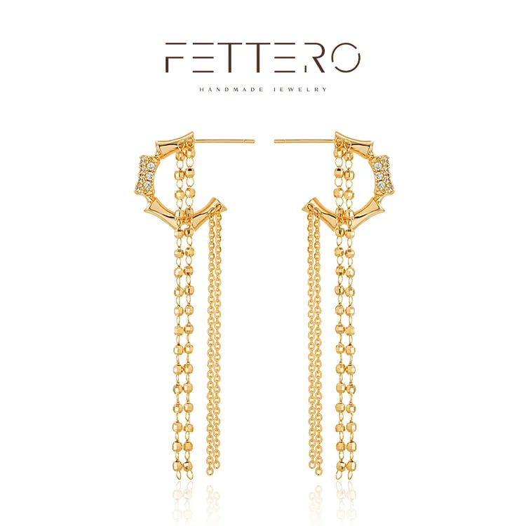 fettero 铜合金耳饰 【金色竹节链条对称耳钉】气质百搭长款设计师