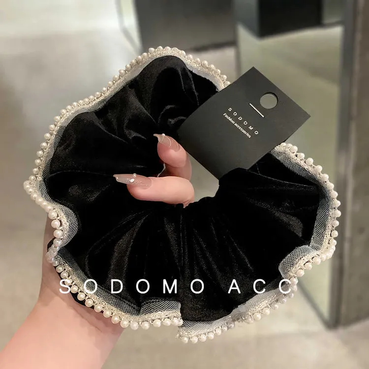 韩国复古丝绒黑色珍珠大肠发圈名媛风气质扎马尾头绳洋气耐用发绳