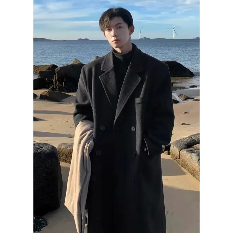 黑色痞帅西服毛呢大衣男秋冬英伦风高级感韩版中长款过膝风衣外套