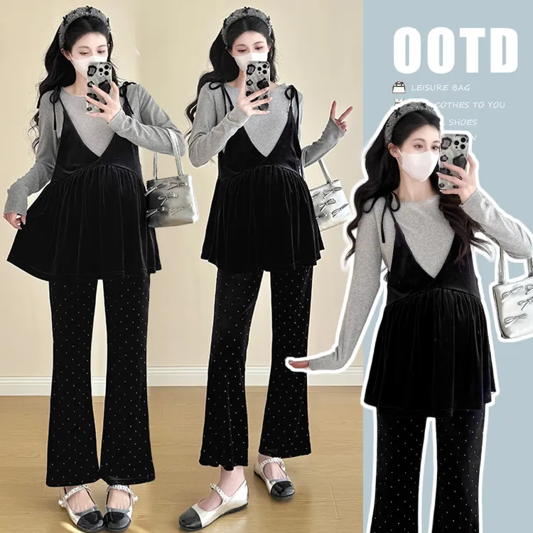 时髦孕妇装新款上衣黑色丝绒吊带衫喇叭裤九分显瘦款秋丝绒阔腿裤
