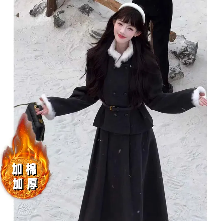 【加棉加厚】【两件套】【含腰带】毛呢外套半裙套装女穿搭一整套HY0152
