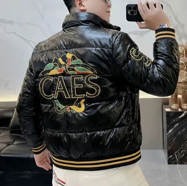 欧洲站男士冬季时尚潮流刺绣立领加厚保暖修身棉衣冬装棉袄棉服