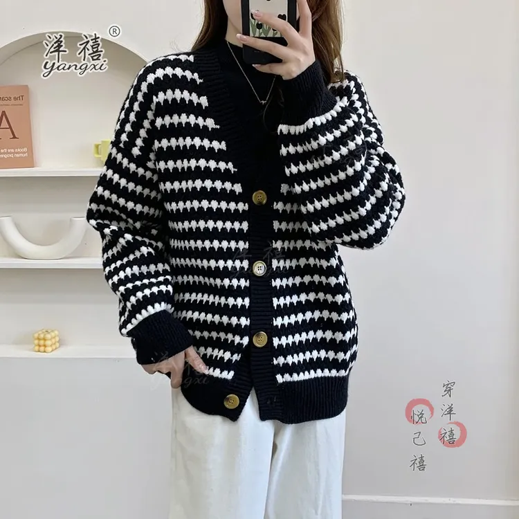 洋禧 复古日系条纹毛衣外套女秋冬新款宽松慵懒风百搭V领针织开衫