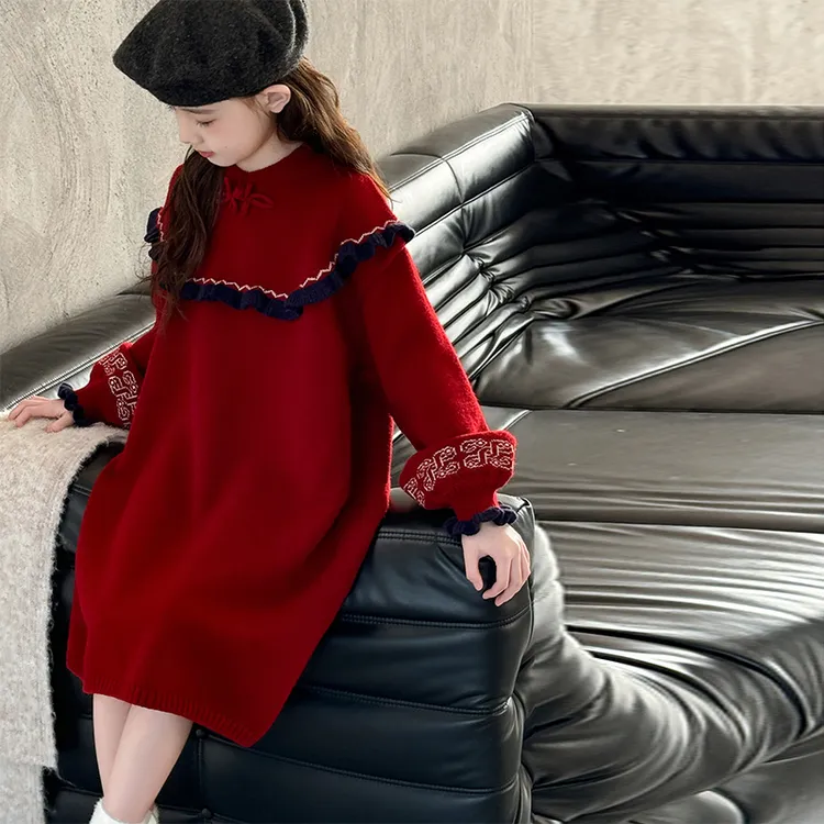 女童连衣裙秋冬2025新款中大童新年衣服小女孩拜年服毛衣连衣裙
