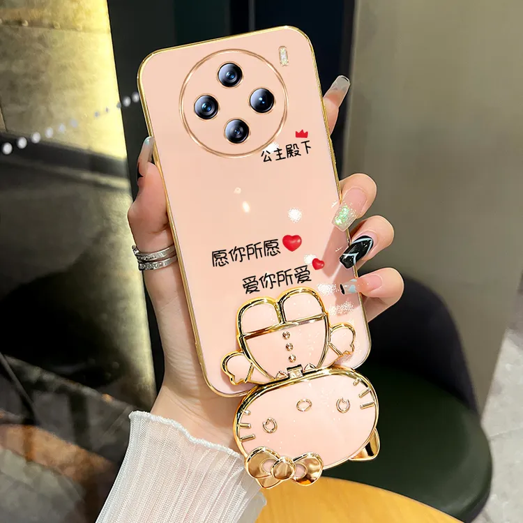 适用于【vivox200】爱你所爱猫咪补妆镜支架手机壳防摔电镀网红女款