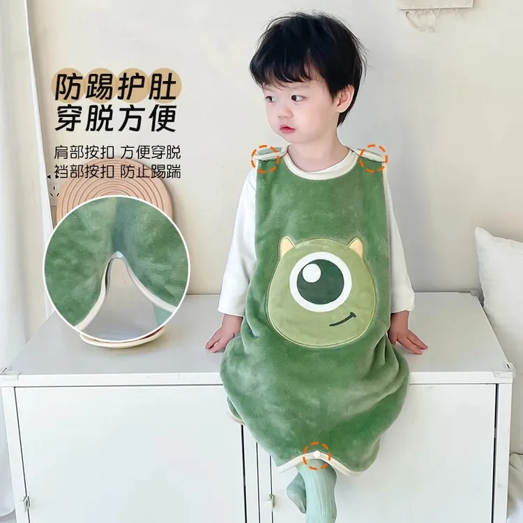 婴儿法兰绒睡袋秋冬季加绒保暖儿童连体睡衣宝宝防踢被珊瑚绒睡袍