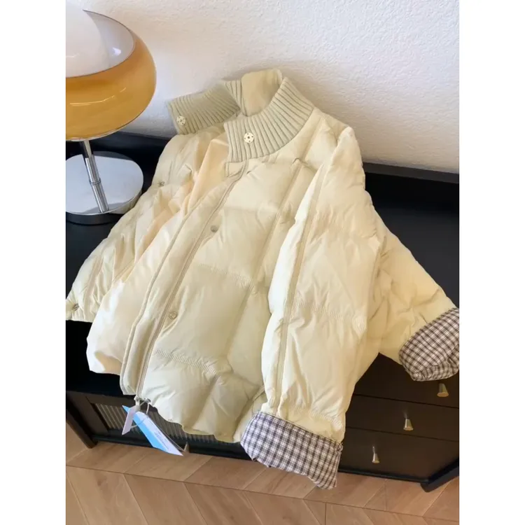 巨好看的冬装外套韩系格纹拼接立领棉服女冬季软糯加厚保暖棉衣