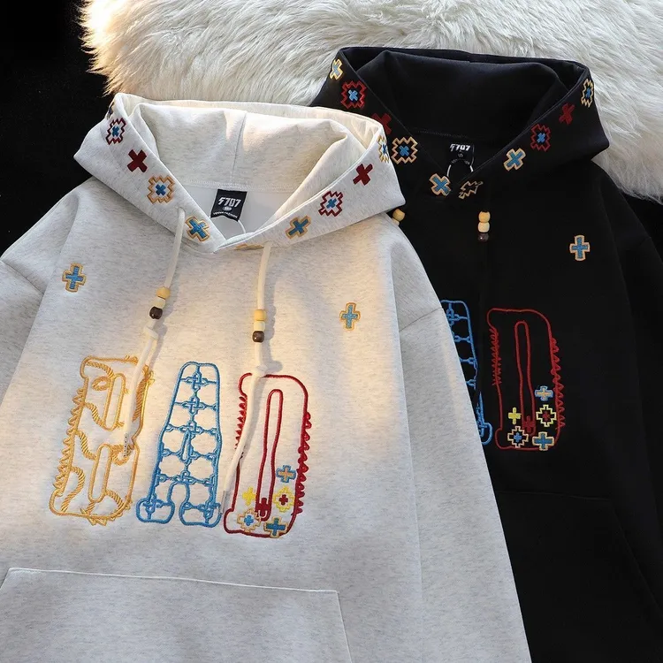 秋冬美式潮牌刺绣字母连帽卫衣男女宽松慵懒风休闲情侣高街外套