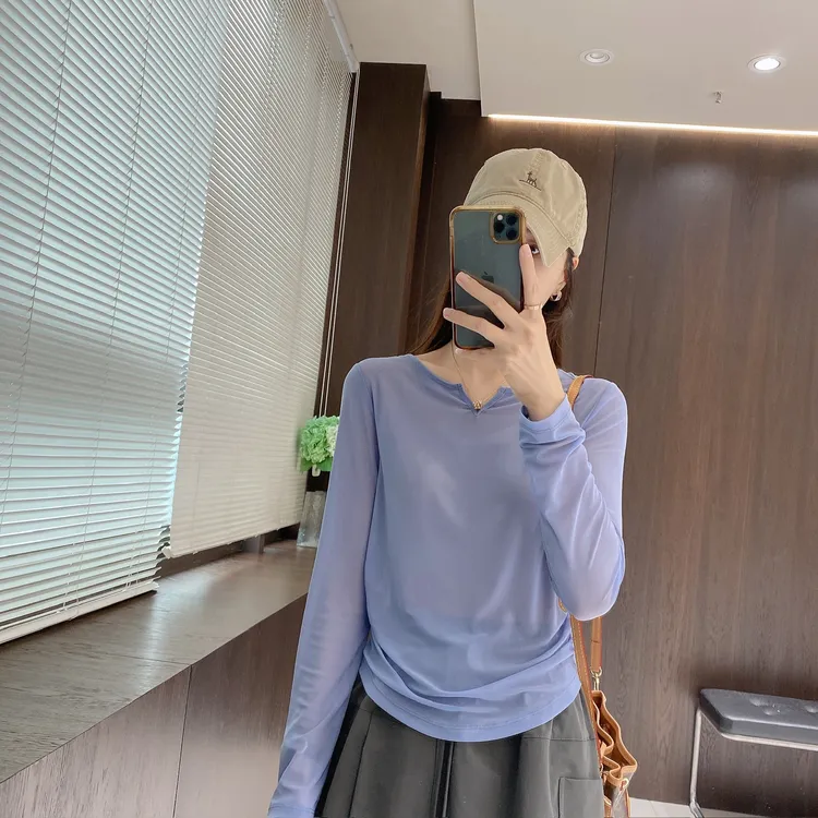 IMFLY金小金自制女装 T恤DYW9512夏日V领网纱休闲防晒上衣女