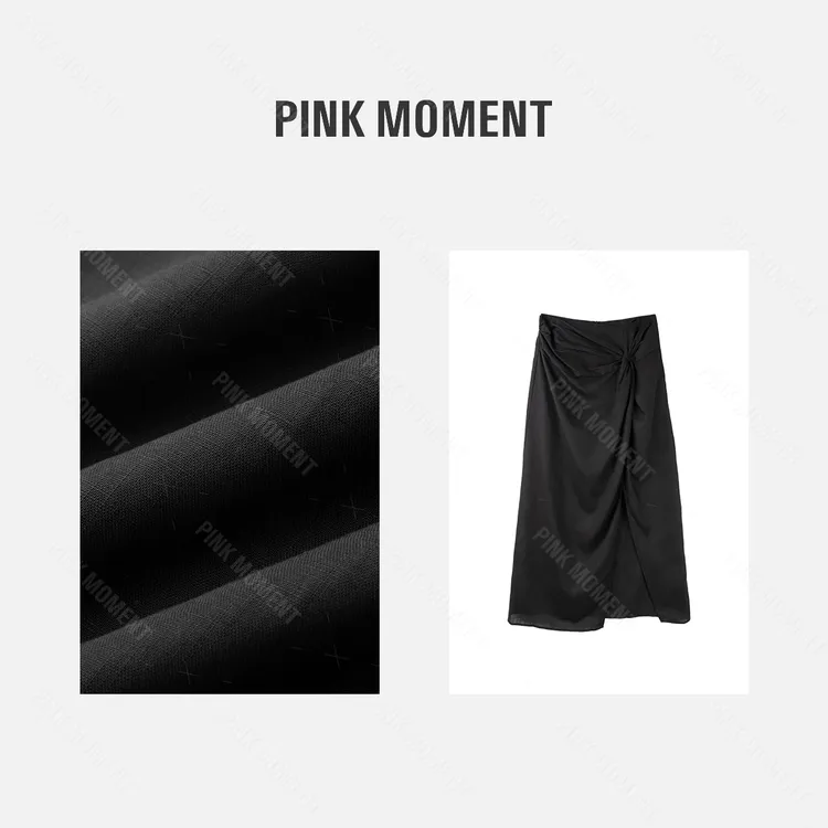 PM王囡囡 黑色莱赛尔亚麻开衩不规则半身长裙 (有内衬）ND1C1305