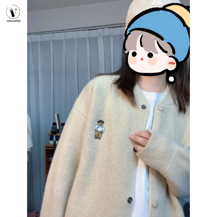 VALVOELITE刺绣毛衣外套女新款春秋圆领外搭针织衫时尚开衫上衣