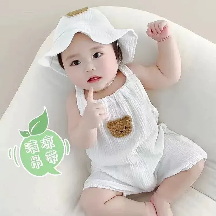 婴儿连体衣夏季薄款男女宝宝纱布哈衣爬服新生儿衣服超萌夏装套装