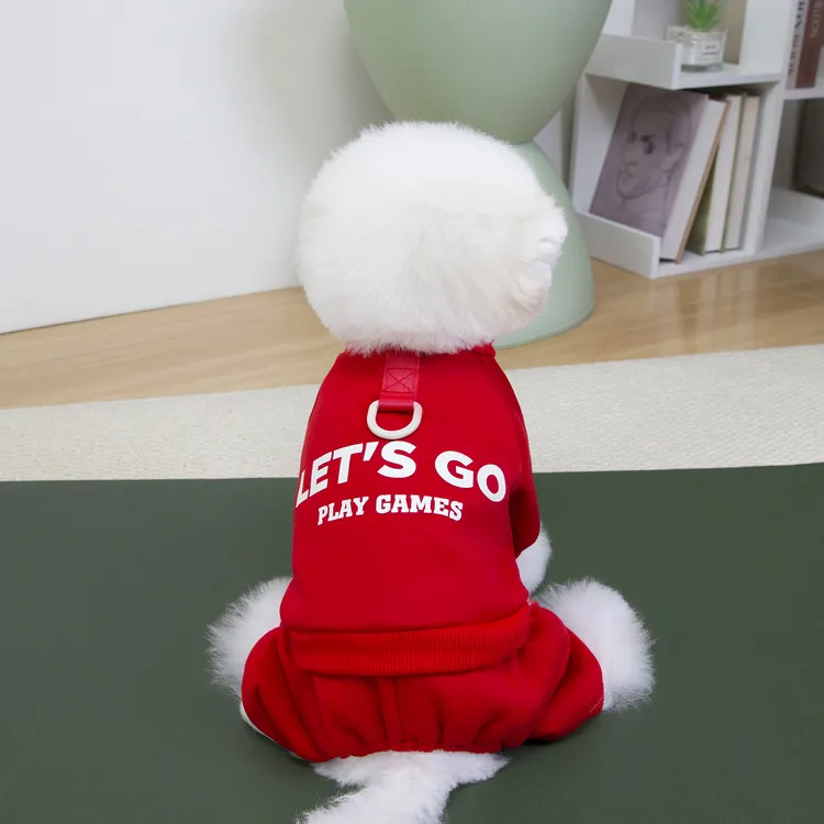 带牵引扣秋冬季狗狗保暖加绒卫衣四脚衣适合泰迪幼犬运动比熊博美