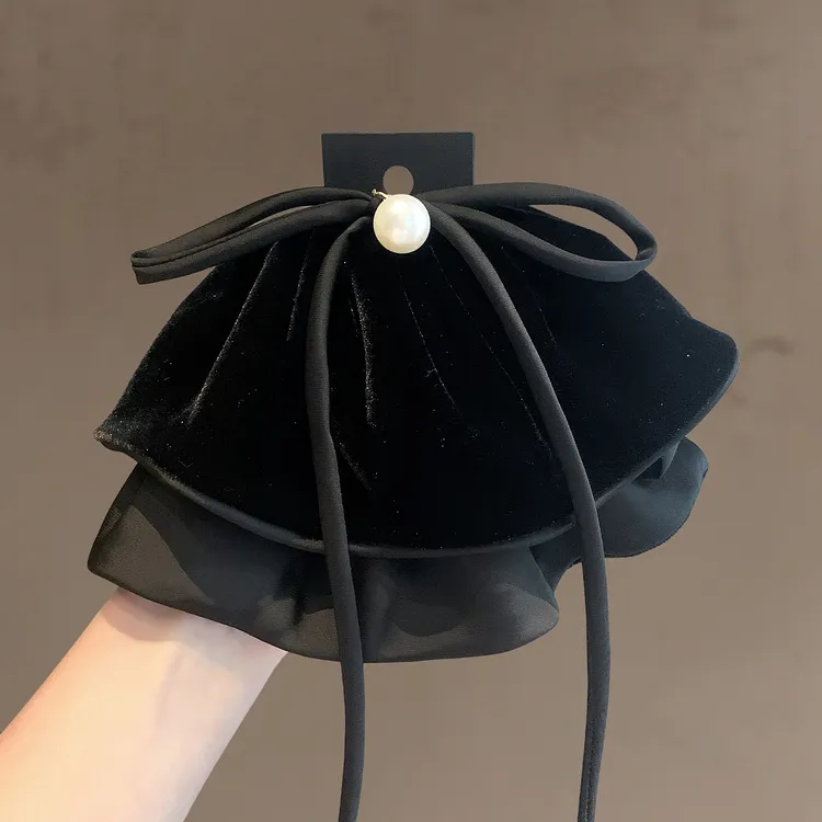 法式复古珍珠丝绒飘带抓夹黑色蝴蝶结扎高马尾夹后脑勺超仙盘发夹