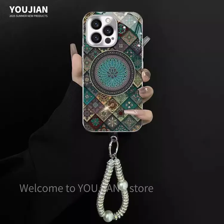 五彩蓝莲花适用iPhone16苹果13电镀玻璃手机壳17promax全包15创意