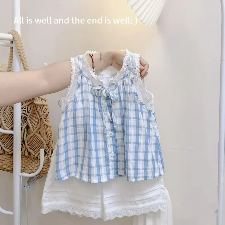 女童夏季套装2025新款洋气韩版儿童假两件甜美背心阔腿裤两件套潮