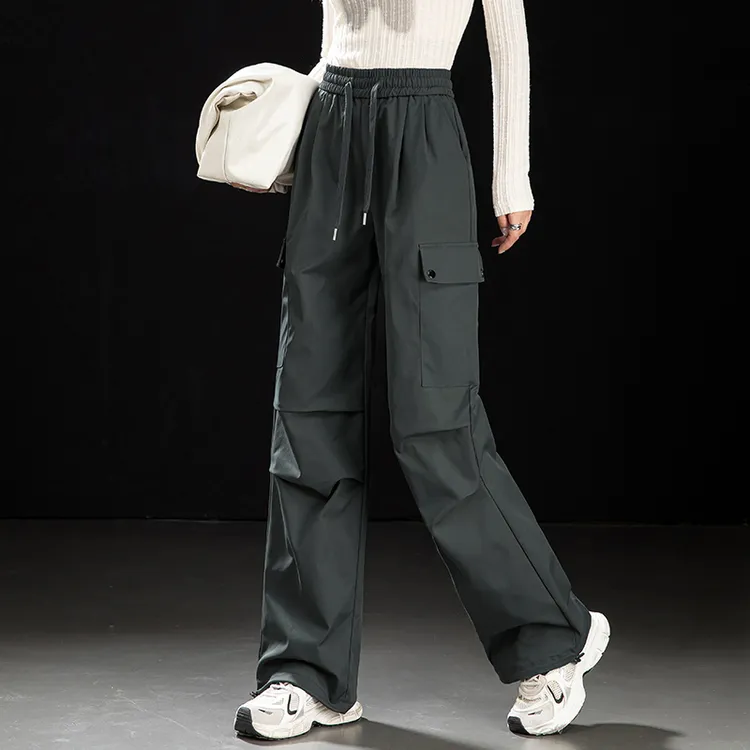 美式工装裤女2025秋冬季高腰纯色抽绳宽松休闲直筒裤子拖地阔腿裤