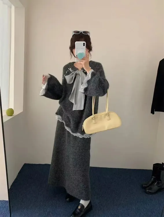 设计感钉珠蕾丝系带慵懒风毛衣套装女秋冬遮肚子显瘦半身裙两件套