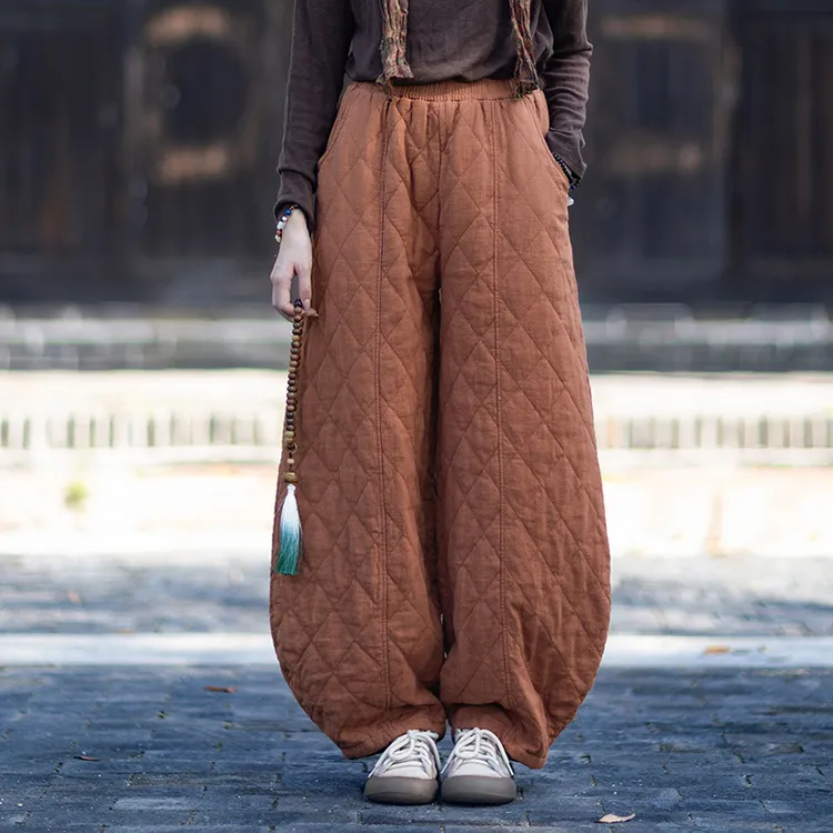 冬季加厚棉麻棉裤原创夹棉菱形格保暖灯笼棉裤禅意宽松休闲长裤子