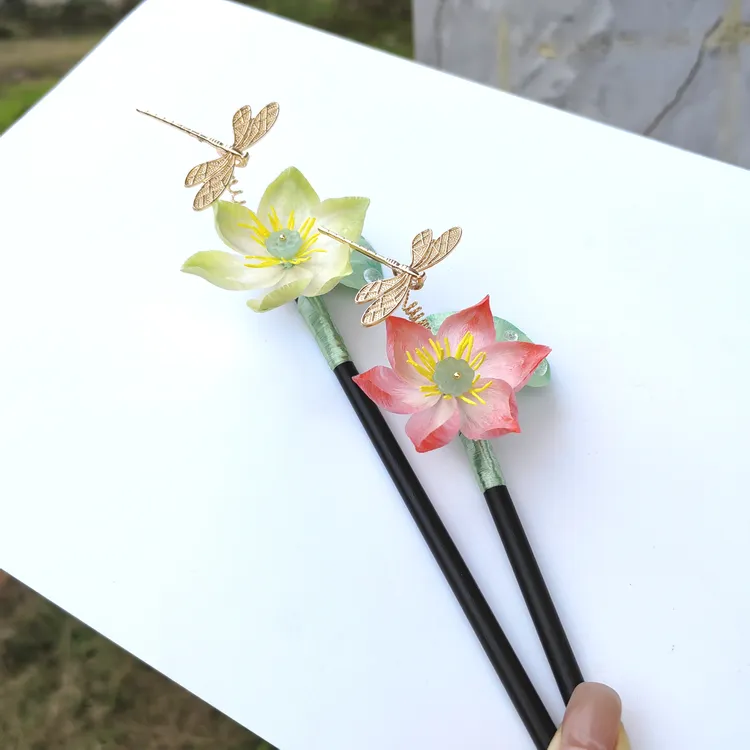 【荷花发簪】非遗绒花发簪木簪新中式国风配饰