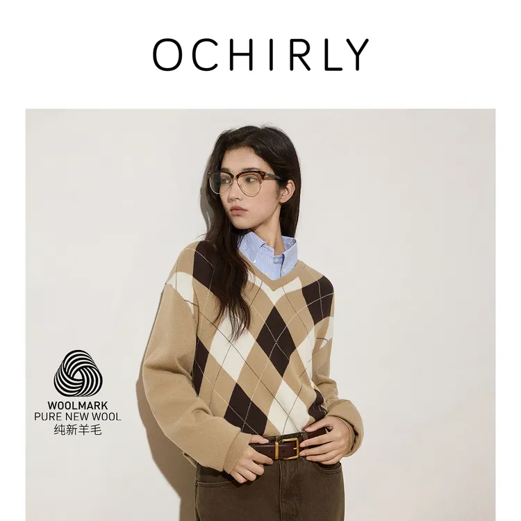 【Woolmark认证】OCHIRLY欧时力 100%羊毛菱格毛衣女2025秋季新品