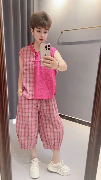 时尚潮流百搭薄款麻棉套装