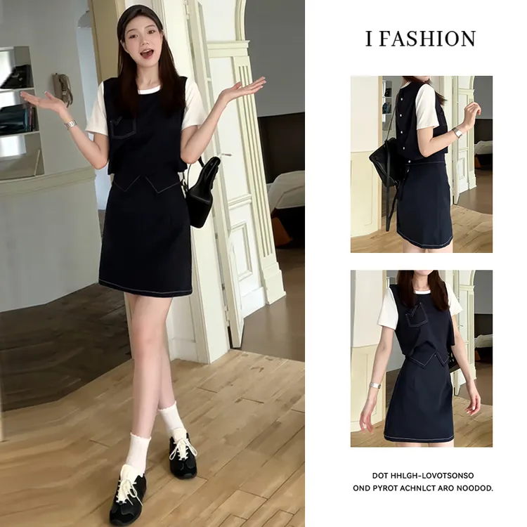 高级感时尚百搭套装女2025年夏季新款韩版假两件上衣半身裙两件套