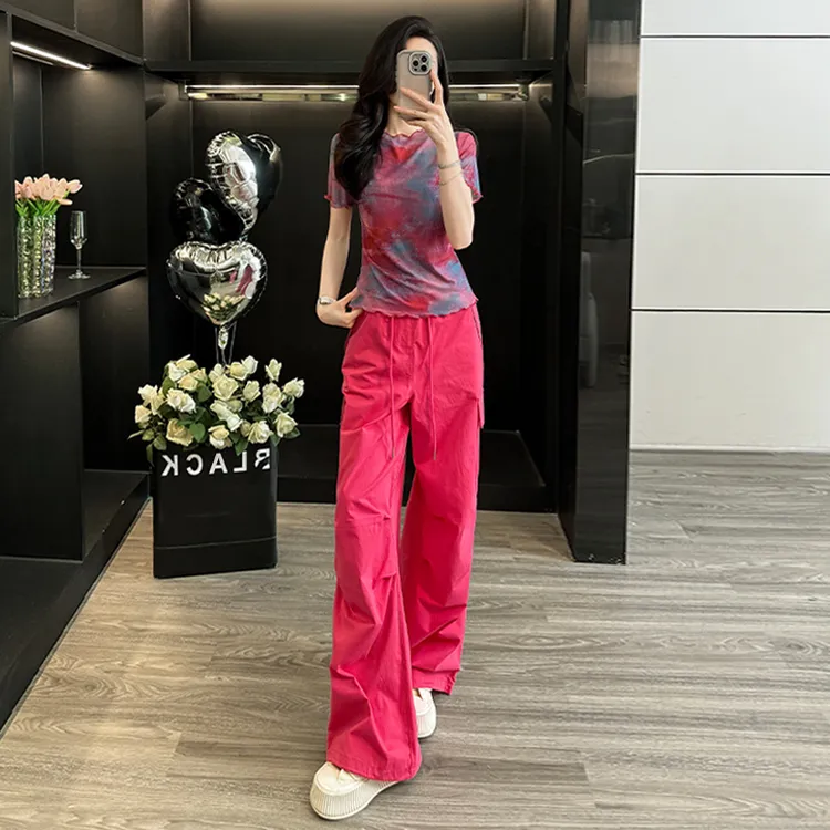 女夏新款时尚运动休闲套装韩系宽松减龄玫红色短袖宽松长裤两件套
