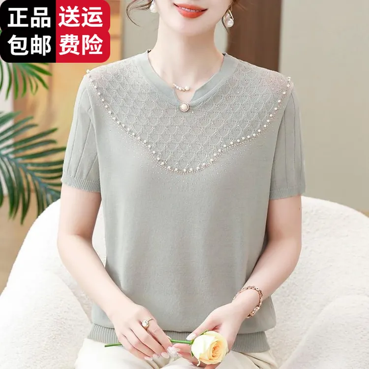 恒源祥彩羊新中式妈妈夏装短袖t恤2025新款桑蚕丝小衫中老年女时