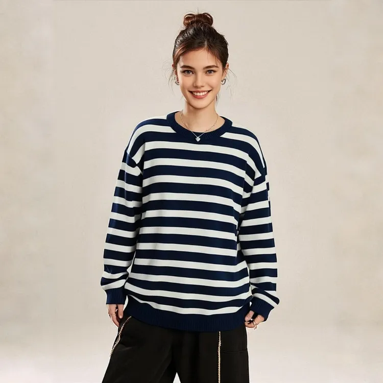 SSR新款藏青白条纹圆领针织时尚休闲男生衣服高级感毛衣SSR