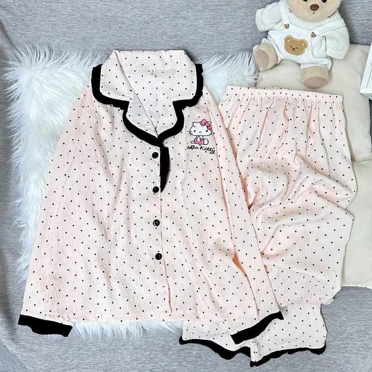 秋季新款云朵棉波点KT甜美少女长袖长裤睡衣两件套套装家居服