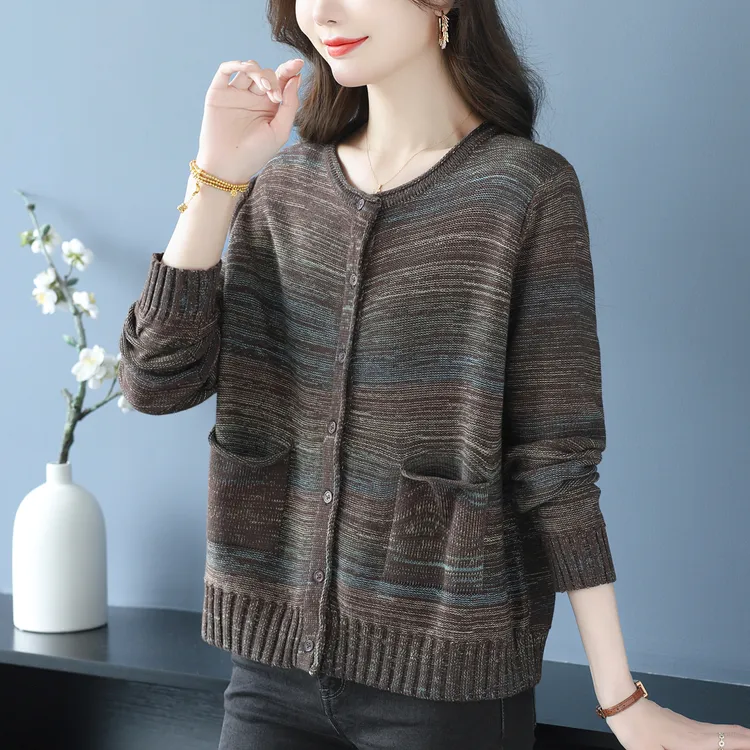 复古毛衣外套宽松洋气胖妈妈加肥加大码女装秋装条纹针织开衫时尚