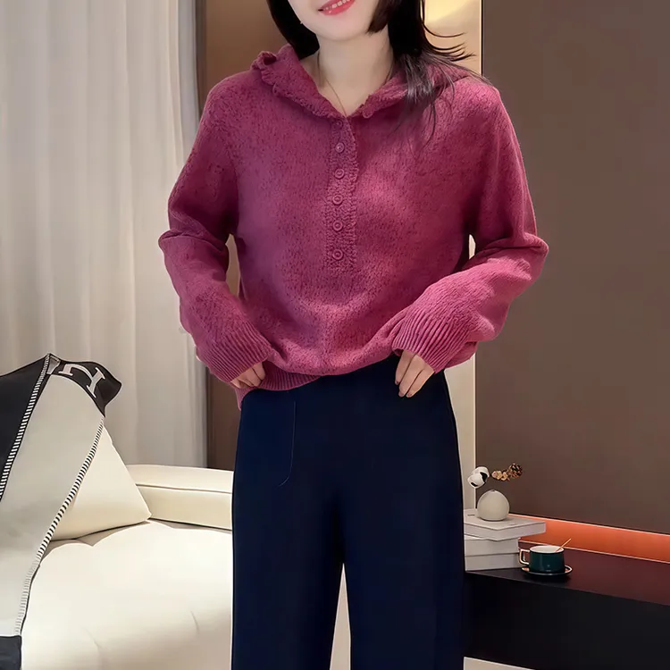 时尚洋气树莓色洋气高级连帽针织衫女装秋冬新款宽松百搭套头上衣