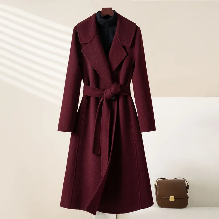 拉菲红双面羊绒大衣女长款秋冬新款加厚保暖大翻领修身羊毛呢外套