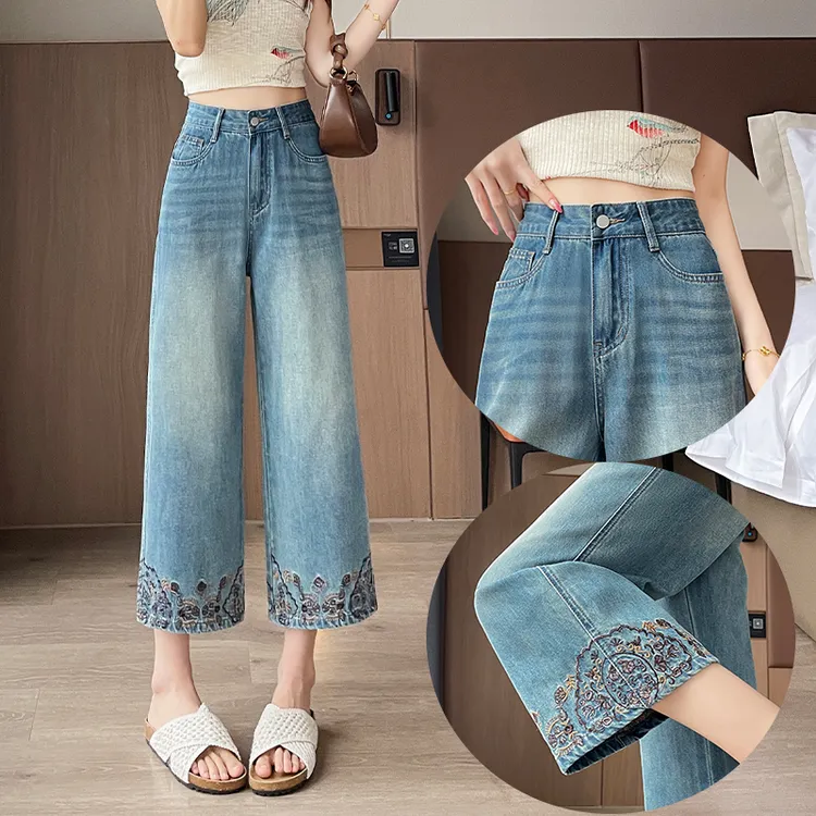 国风刺绣直筒牛仔裤女夏季薄款2025复古显瘦宽松小个子九分阔腿裤