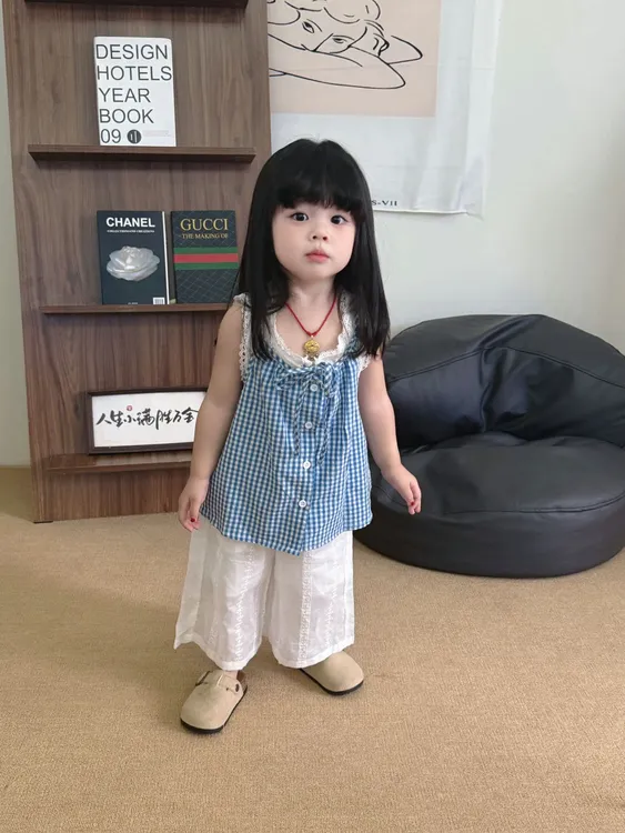 女童洋气夏季薄款阔腿裤套装宝宝2025新款韩版休闲格子夏天两件套