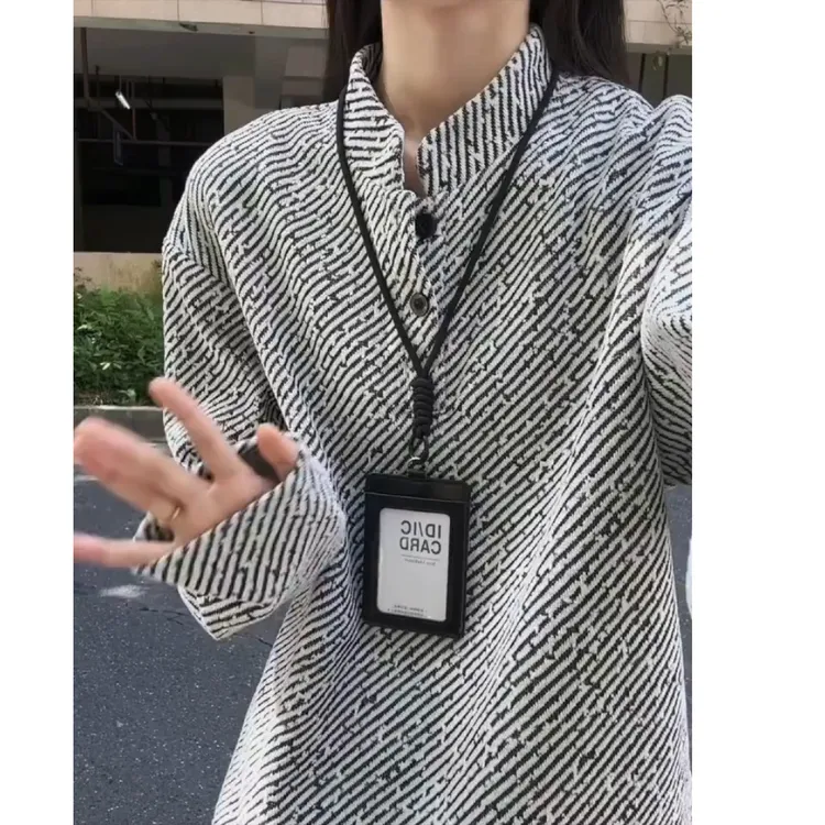 美式复古雪尼尔长袖T恤男款设计感立领POLO情侣千鸟格内搭打底衫