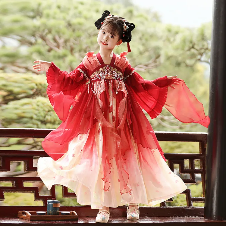 hls8803女童汉服中国风连衣裙春秋款短袖新中式夏连衣裙春秋款子