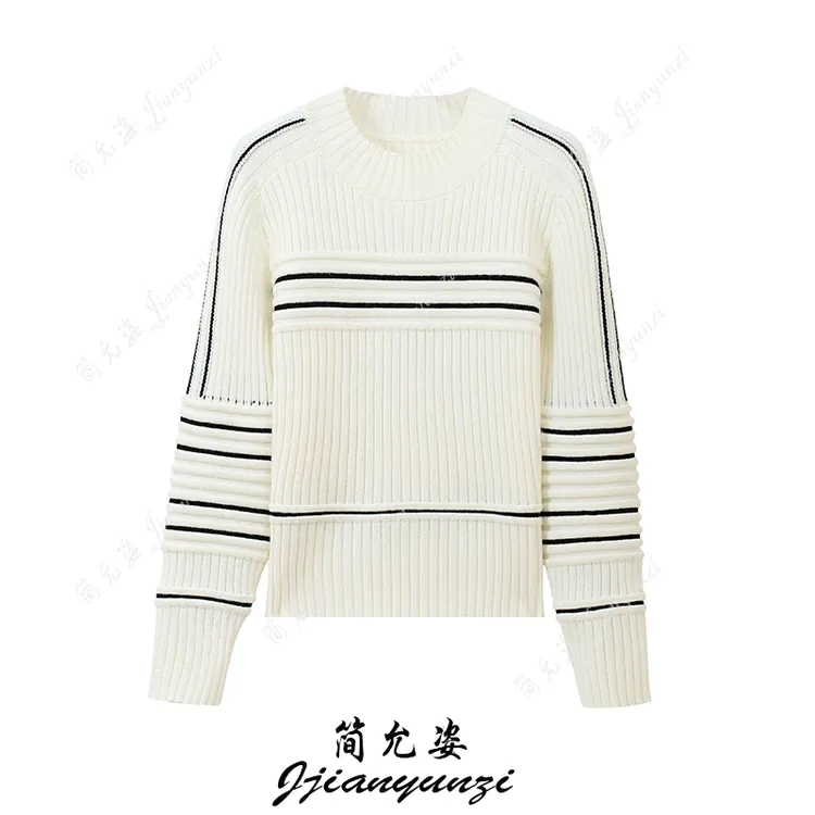 设计感拼色圆领长袖针织打底衫女秋冬季洋气小众减龄套头外穿毛衣