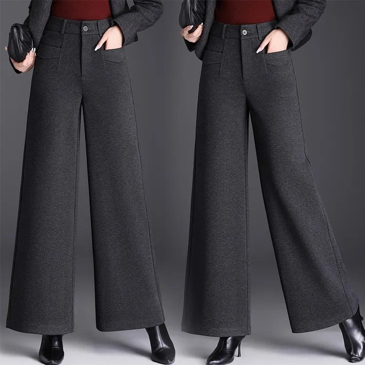 毛呢阔腿裤女冬加厚新款高腰休闲妈妈裤宽松长裤显瘦直筒裤女