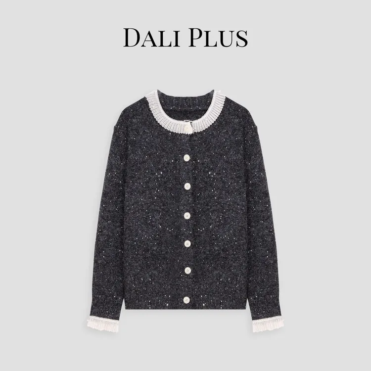 DALI PLUS法式经典高级感羊 毛蕾丝花边小香风针织开衫-D5YW1006
